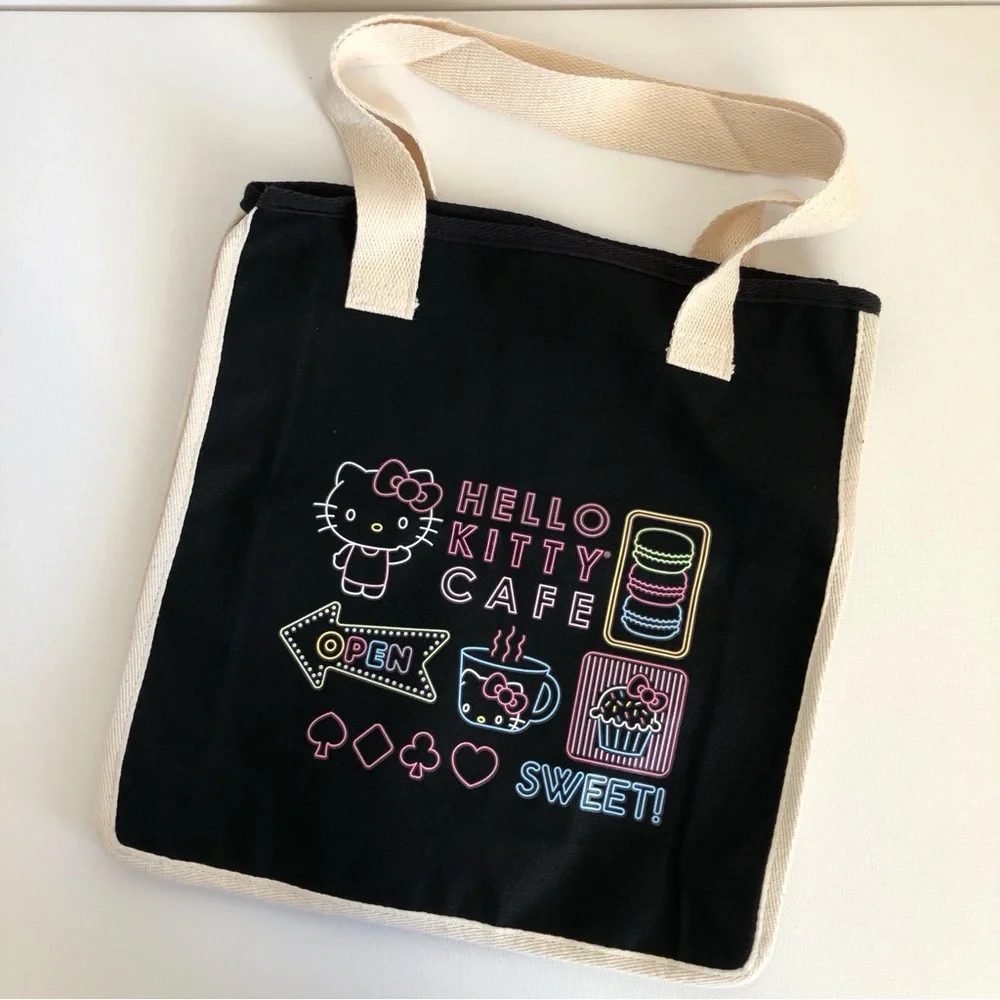 NWT Sanrio Hello Kitty Cafe Las Vegas Black Pastel Dessert Theme Canvas Tote Bag